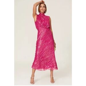 SALONI Fuchsia Pink Pleated Midi Dress